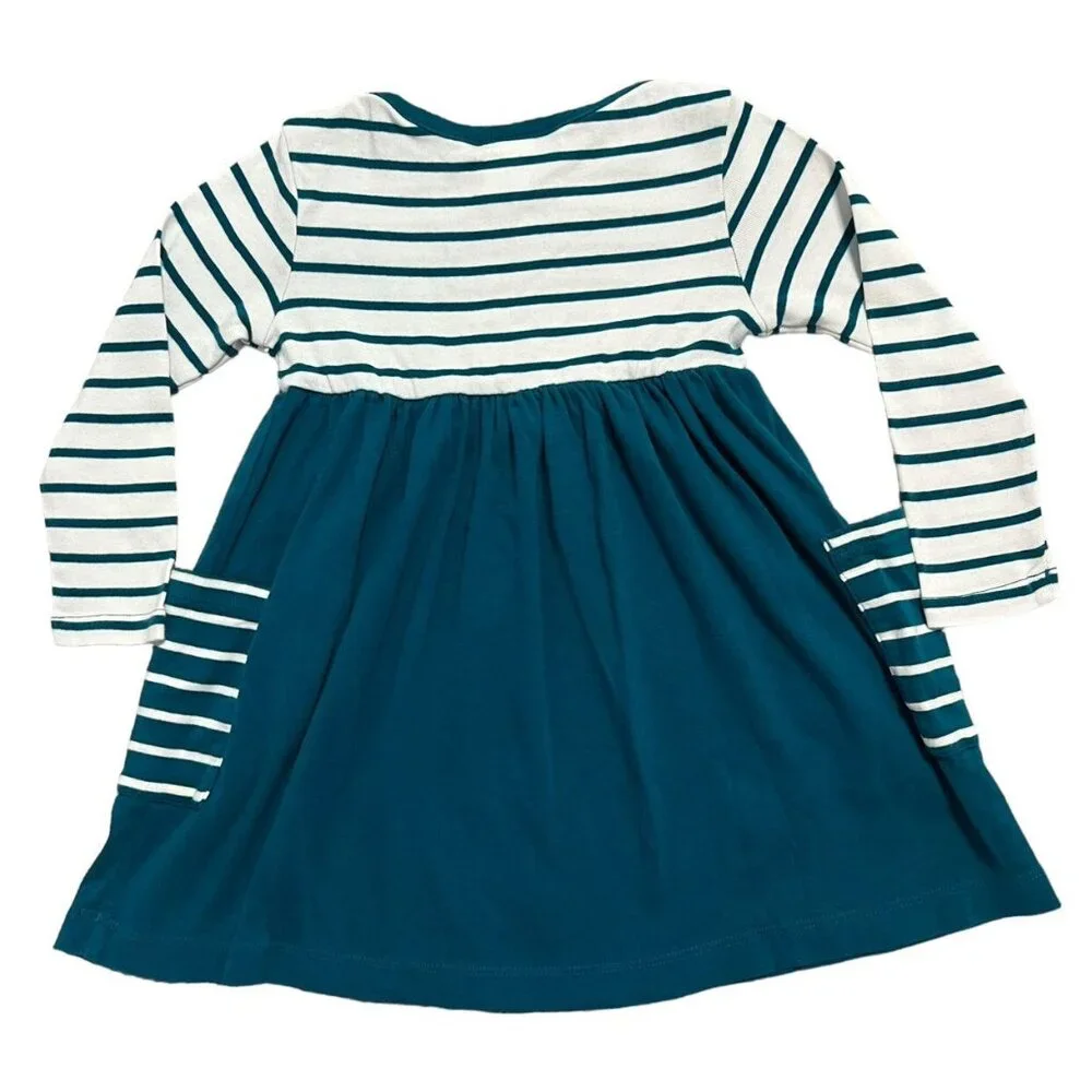 Hanna Andersson Sz 90 (3T) Teal Striped Dress & Bloomers